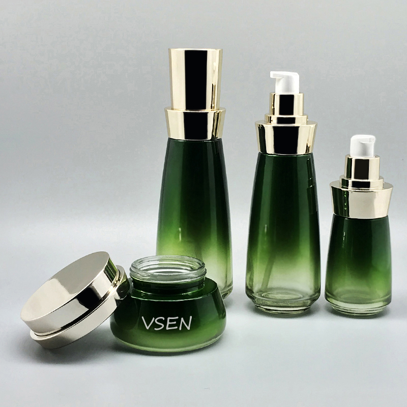 新款套装瓶子  猪肝色化妆品玻璃瓶 绿色渐变膏(图4)